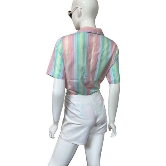 KILLER Vintage 1970s Pastel Rainbow Stripe Button Down Blouse - Picture 9 of 11